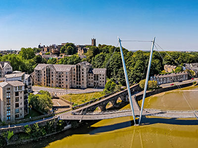 an aerial view of lancaster and the river