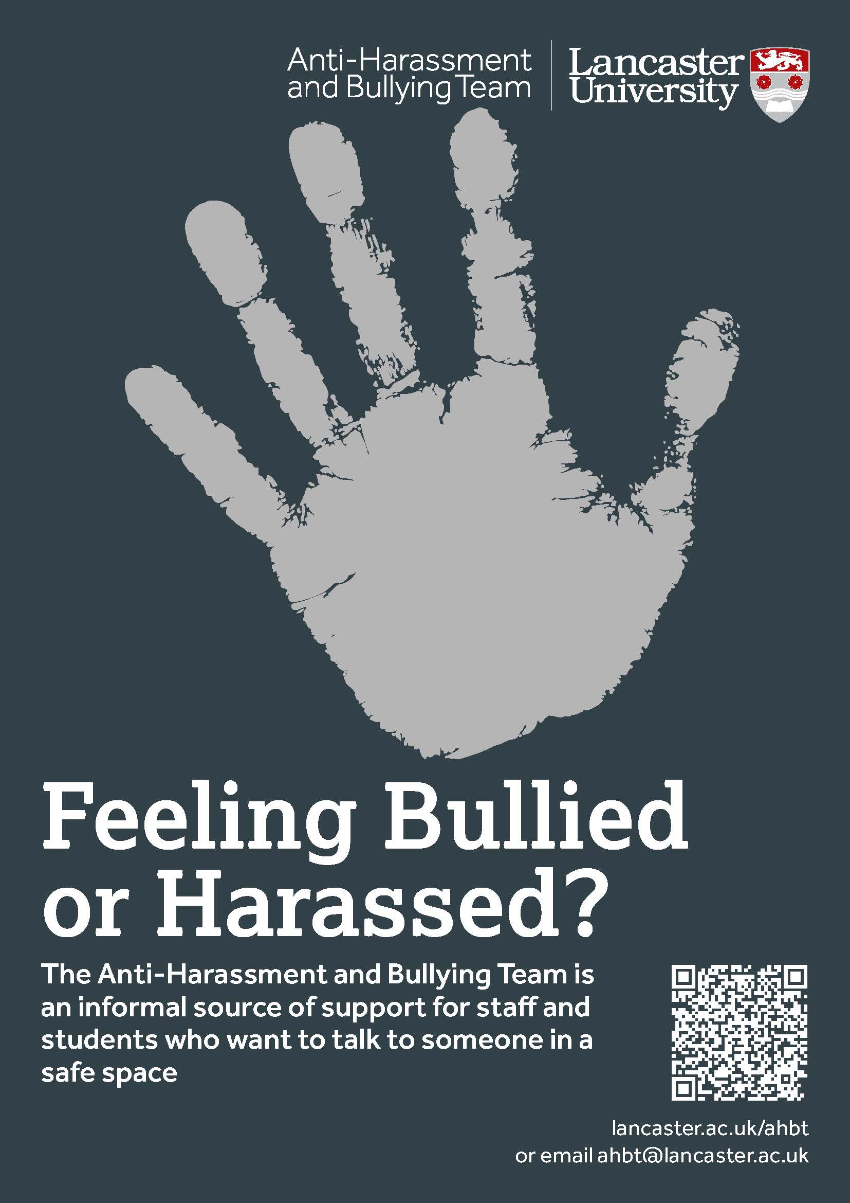 Anti-harassment and Bullying Team Poster, Handprint on Blue background