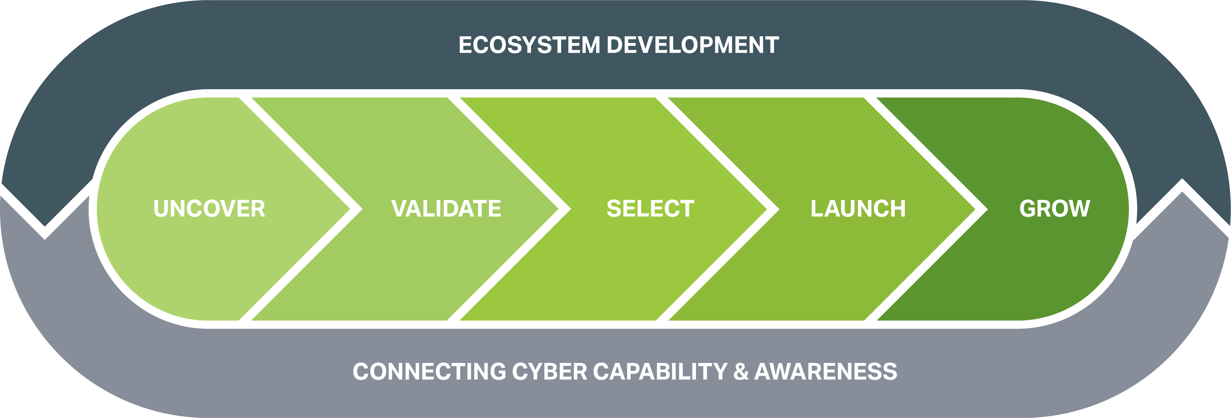  There is a circle around the outside of the diagram made of two cyclical parts named 'Ecosystem development' and 'Connecting cyber capability and awareness'. These are circled around a linear row of linked shapes that are named: uncover, validate, select, launch and grow. 