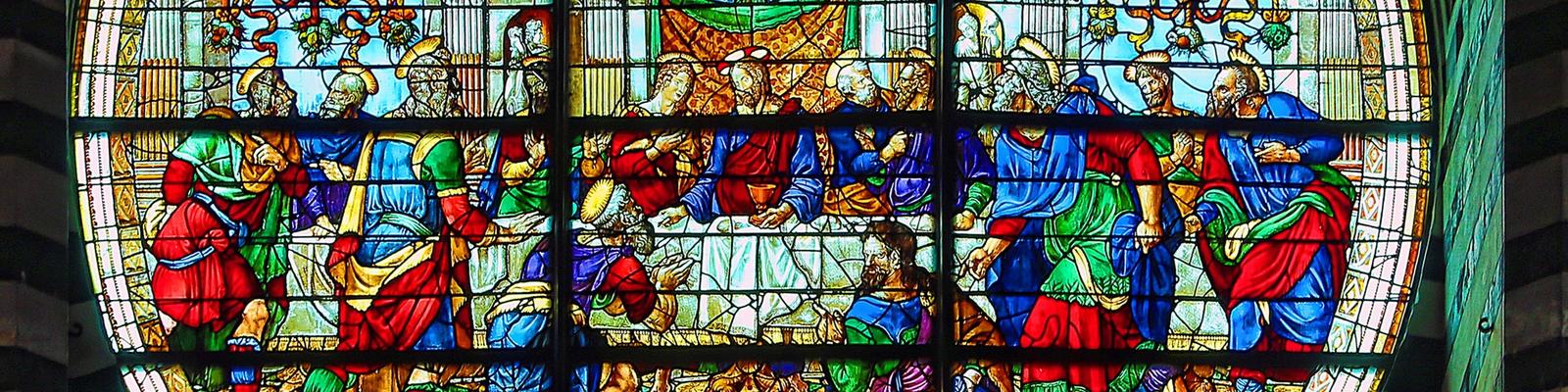 Stained glass window showing religious scene