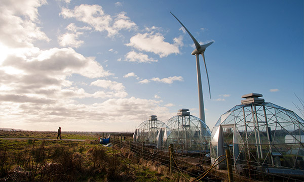 A view of the weather station, biodomes and wind turbine at Hazelrigg