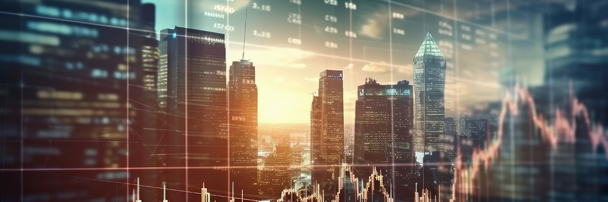 Double exposure of business chart and cityscape background. Investment and trading concept.
