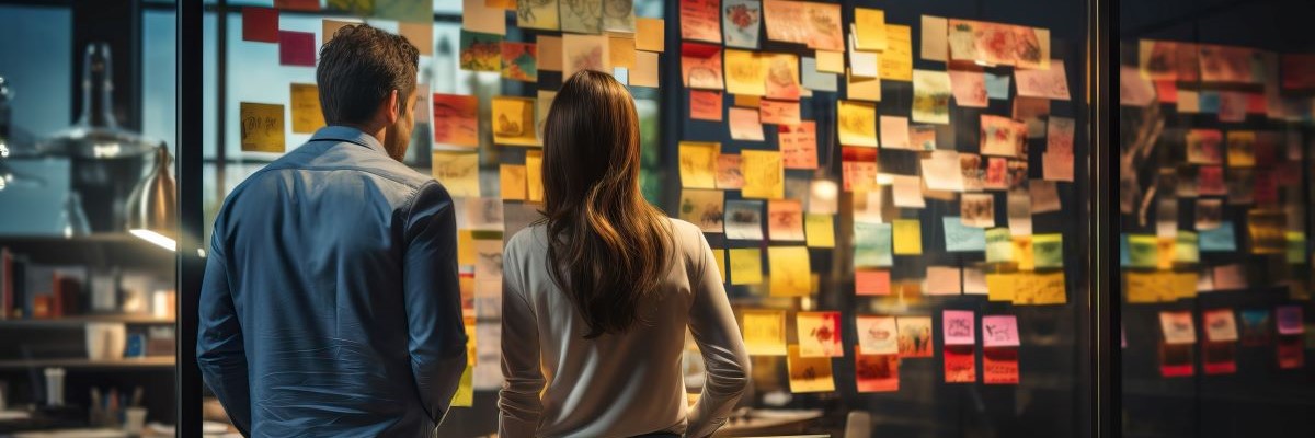 Two people staring at a window filled with Post-it notes.