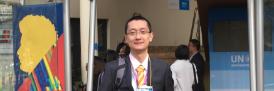 Dr Lingxuan Liu of the Pentland Centre outside UN building in Nairobi Kenya on visit to UNEP/