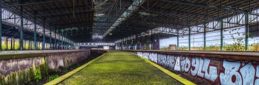 Image of disused railway platform overgrown with moss