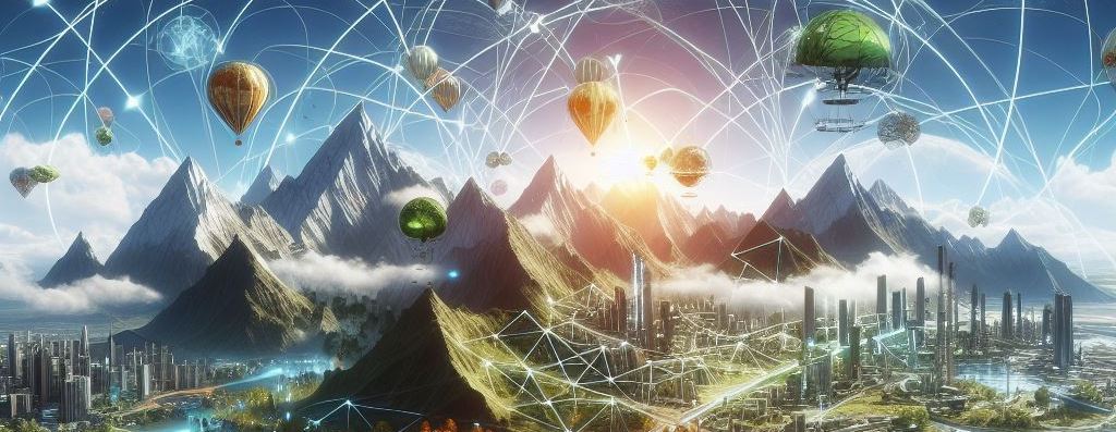 Landscape with mountains, buildings and many floating balloons, with a web of connections between.